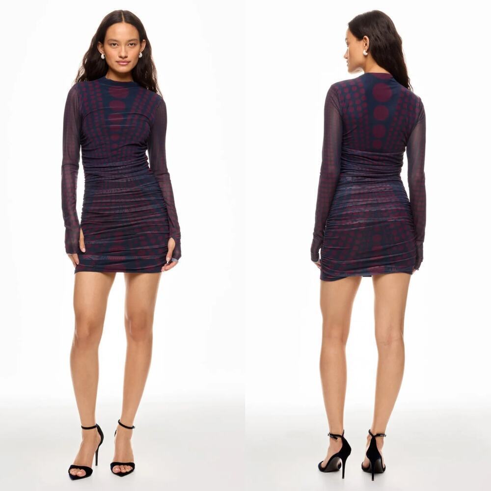 AFRM Darcie Dress Polka Dot Long Sleeve Mock Neck Ruched Mini Bodycon Blue Red S